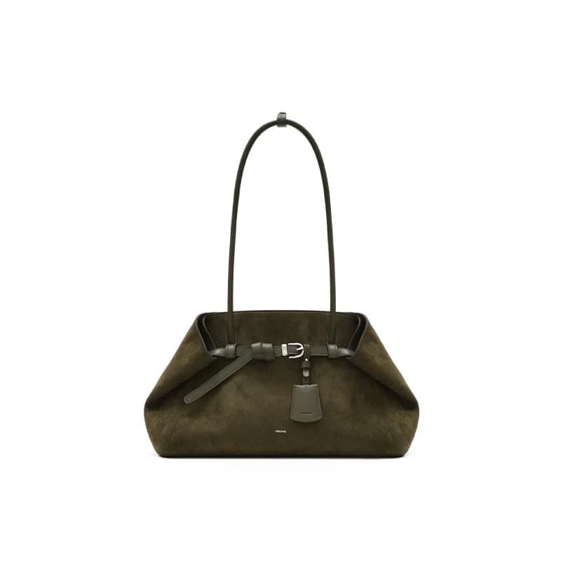 Olive suede shoulder bag with leather strap