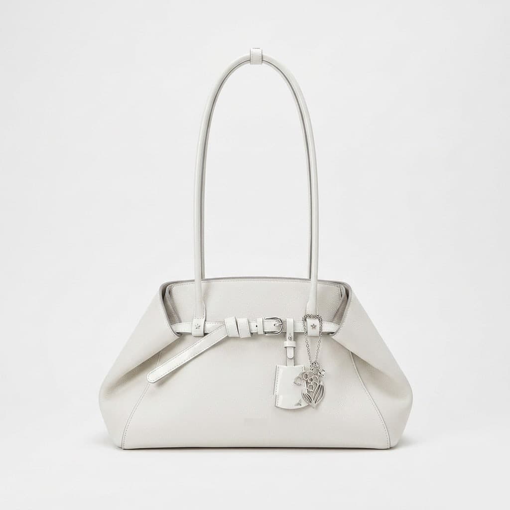 White soft tote with belt and silver charm