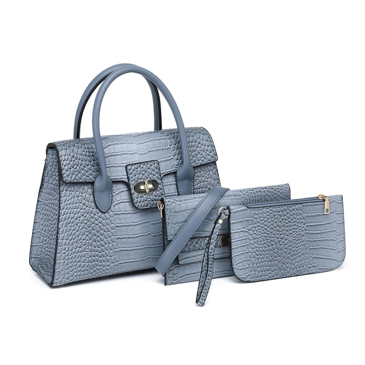 Blue croc-embossed top-handle satchel with matching pouches