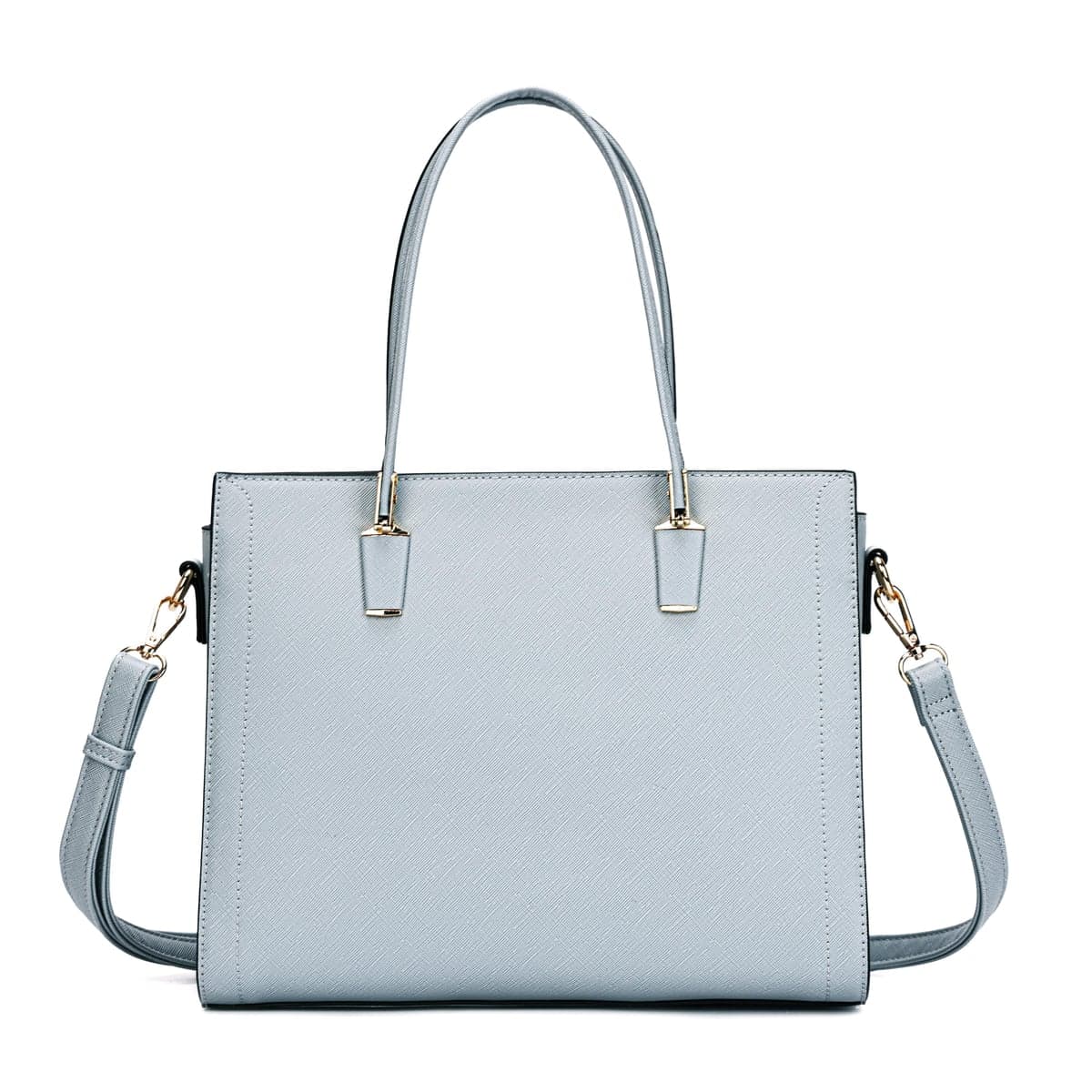 Light blue saffiano-leather work tote with crossbody strap