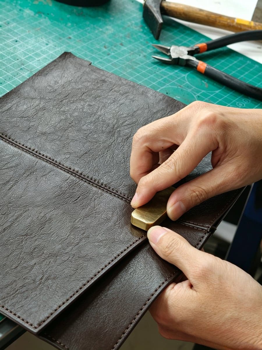 Hand-burnishing a leather edge with a brass tool — the craft step that still ships every bag