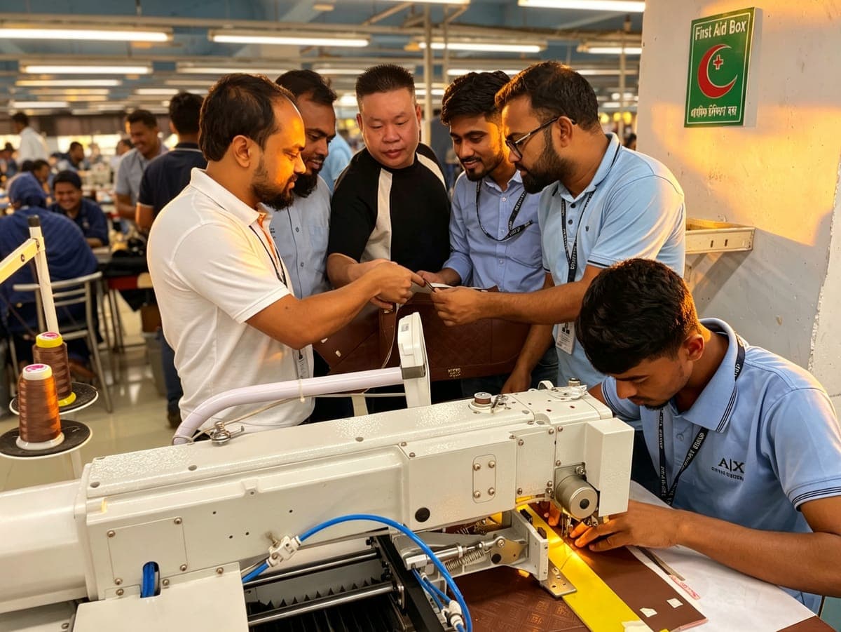 Design and production team reviewing a leather sample together on the factory floor