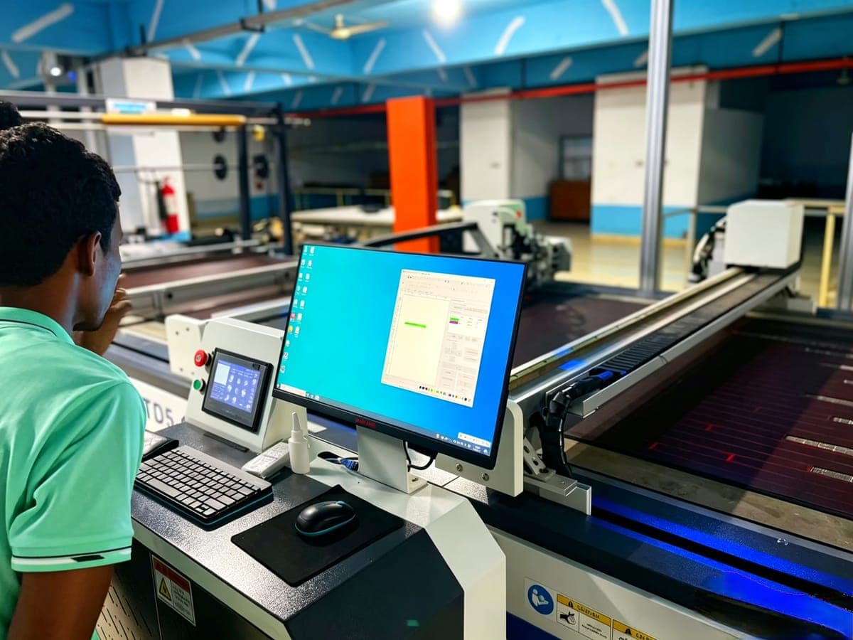 Operator running the CAD-driven automatic cutting machine