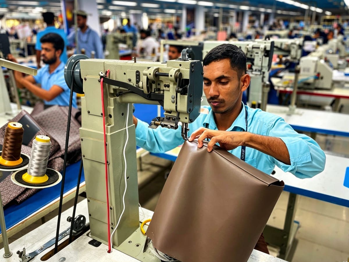 Operator stitching a leather panel on a post-bed sewing machine on the production line