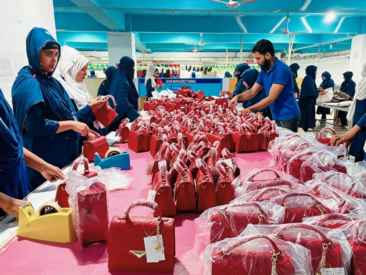 Finished handbags being wrapped and packed for shipment