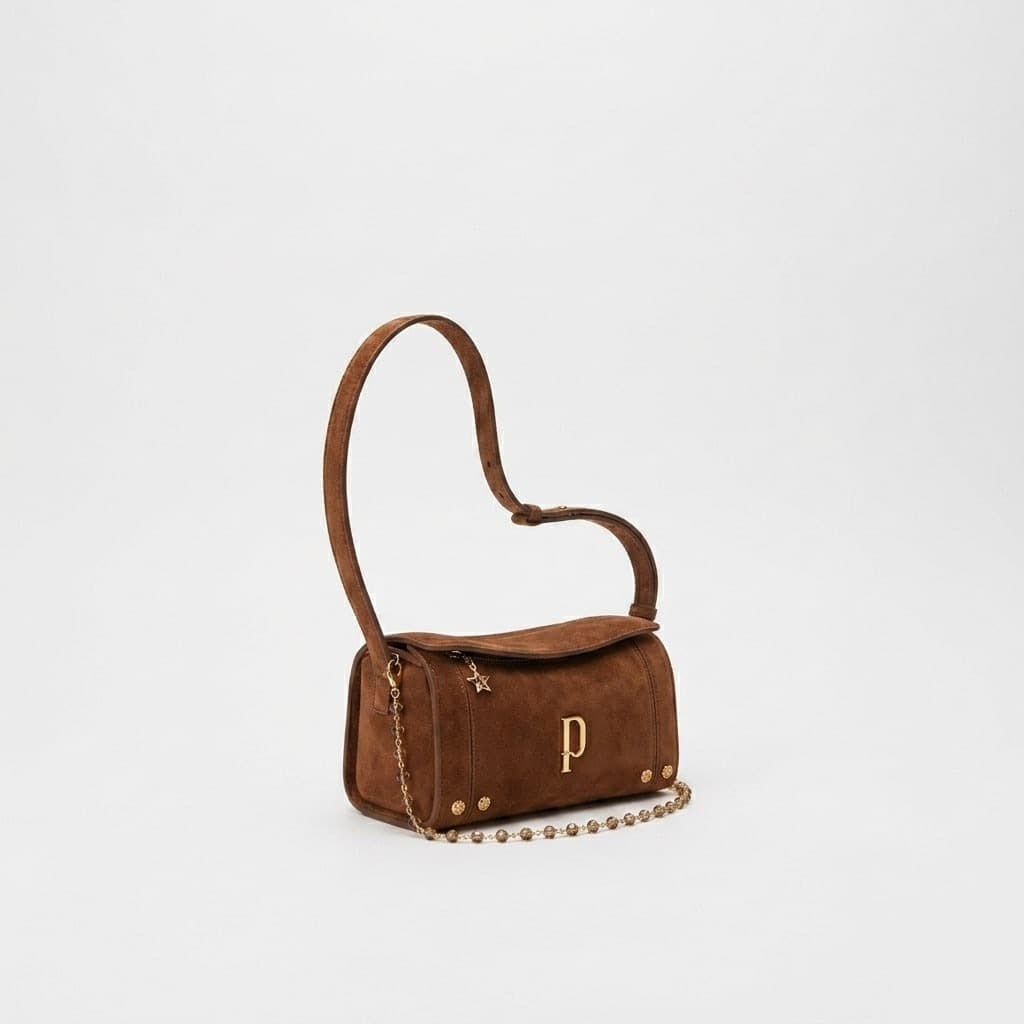 Brown suede mini barrel bag with beaded chain