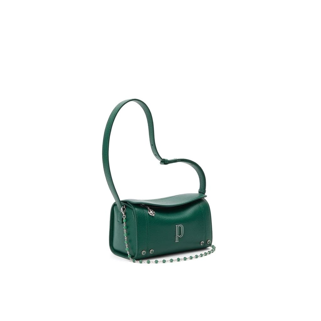 Green pebbled-leather mini barrel bag with chain